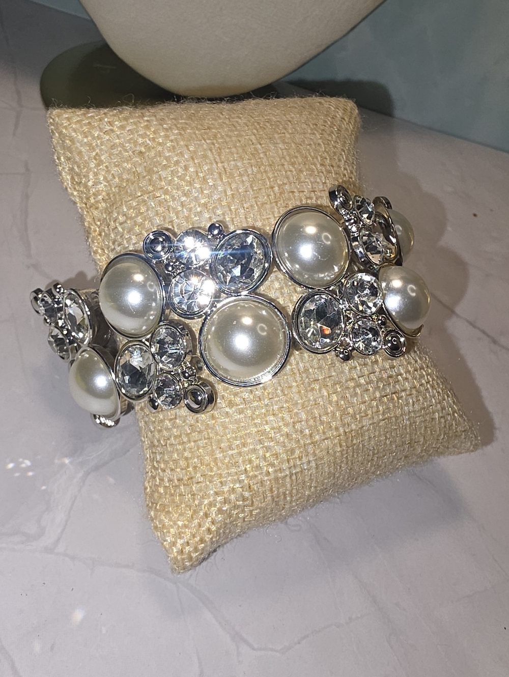 Silver-Tone Faux Pearl & Crystal Bracelet - Women's Elegant Jewelry